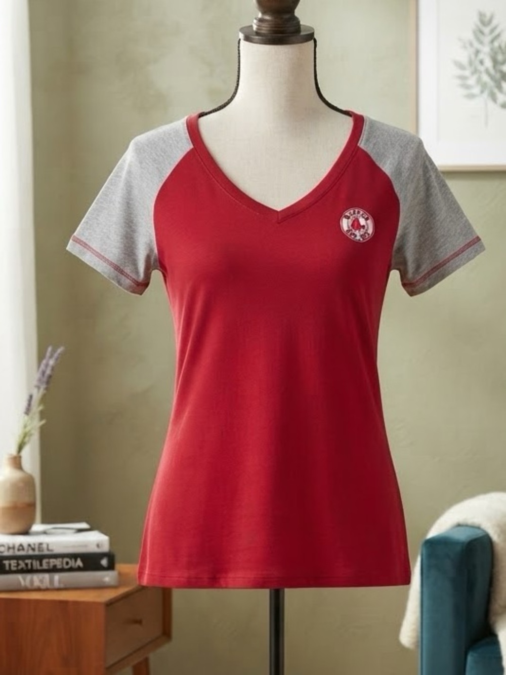 Antigua Red V-Neck Raglan Tee with Gray Sleeves